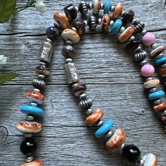 Southwestern 925 Sterling Silver Multi Gem Stone W Pearls Bead Necklace. 26 inch